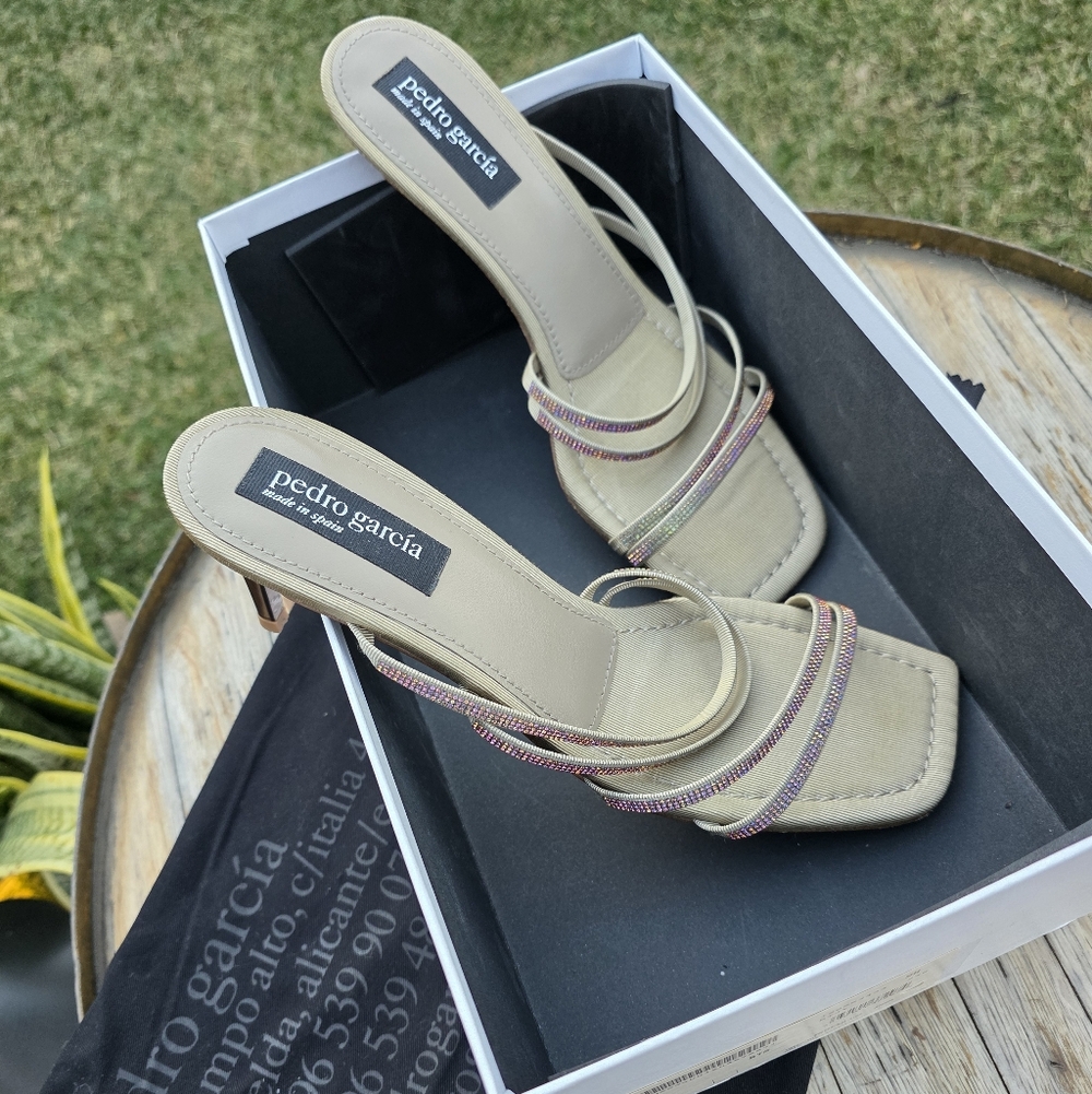 Pedro Garcia Isamar 65mm Swarovski Crystal Strap Sandals, Size 41, Khaki
